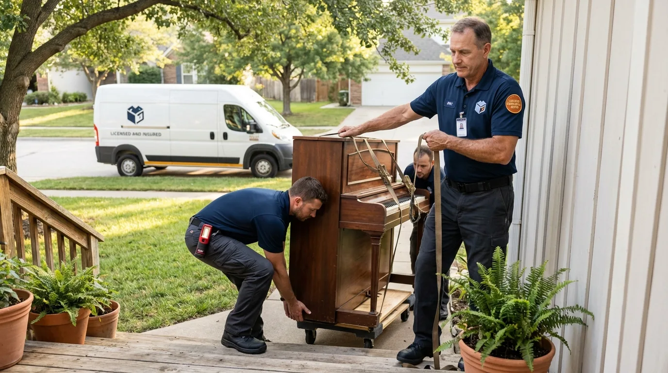 Licensed piano movers securing grand piano in Forest City, NC