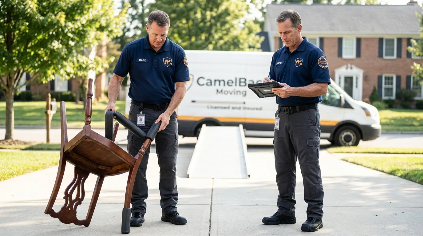 Movers inspecting furniture for damage prevention before loading in Forest City, NC