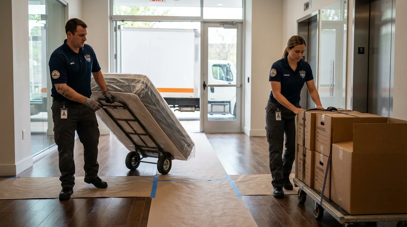 Professional apartment movers loading elevator in Forest City, NC