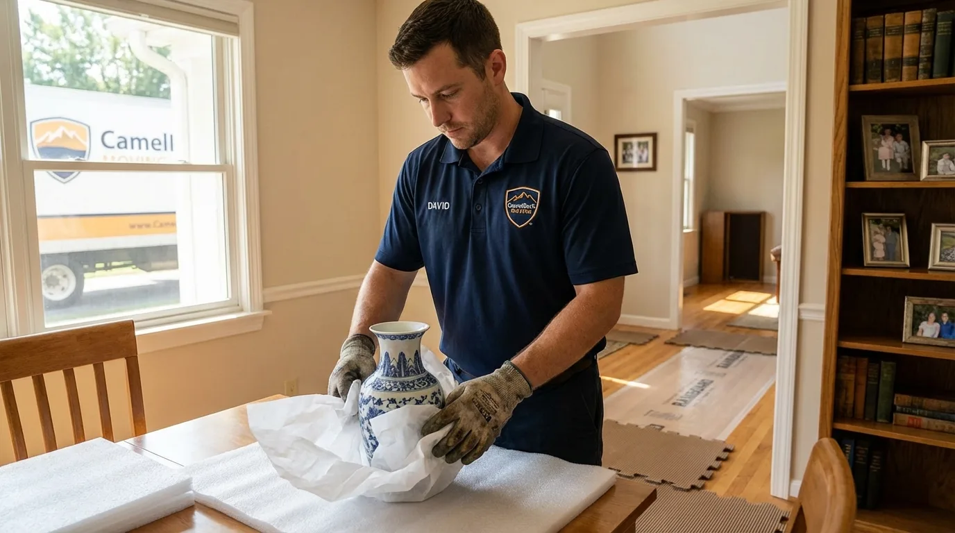 Professional crew carefully wrapping antique vase for senior downsizing move in Forest City, NC